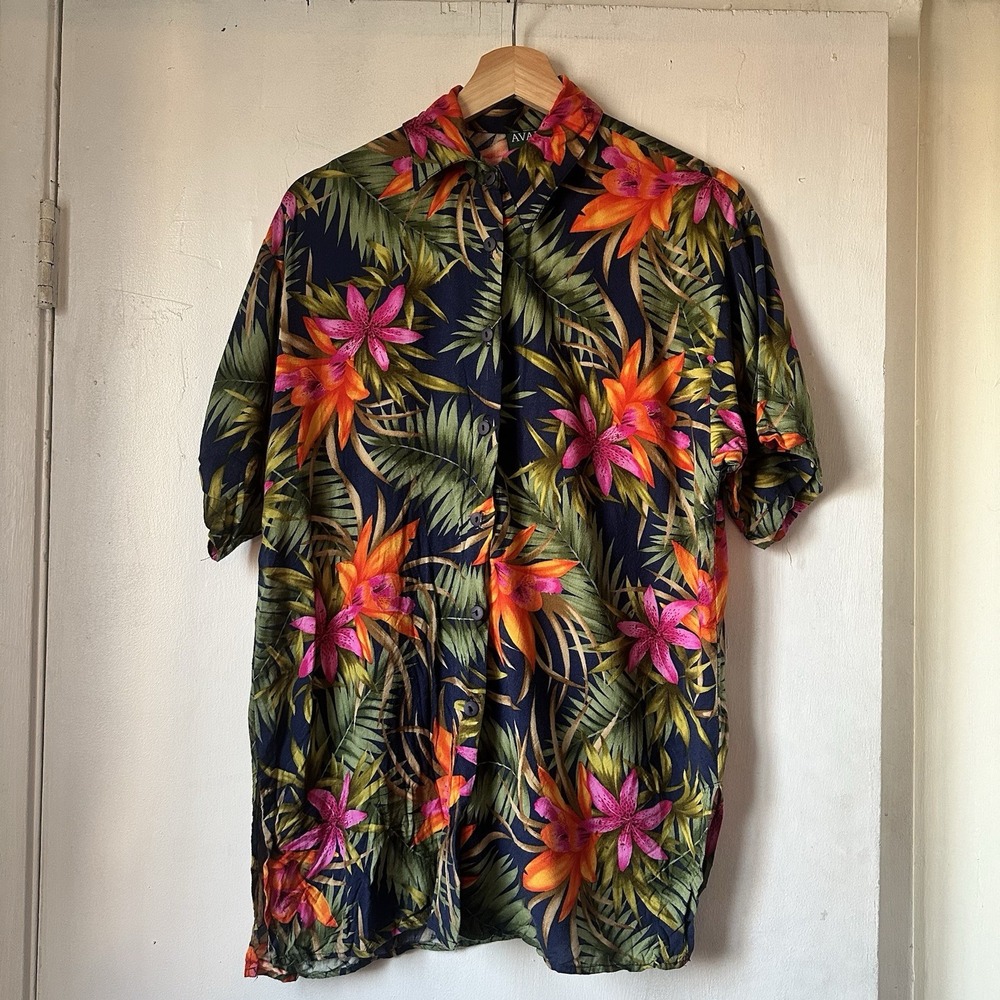 Avanti Button Down Shirt Bright Tropical Floral Hawaiian USA Rayon Vintage Small